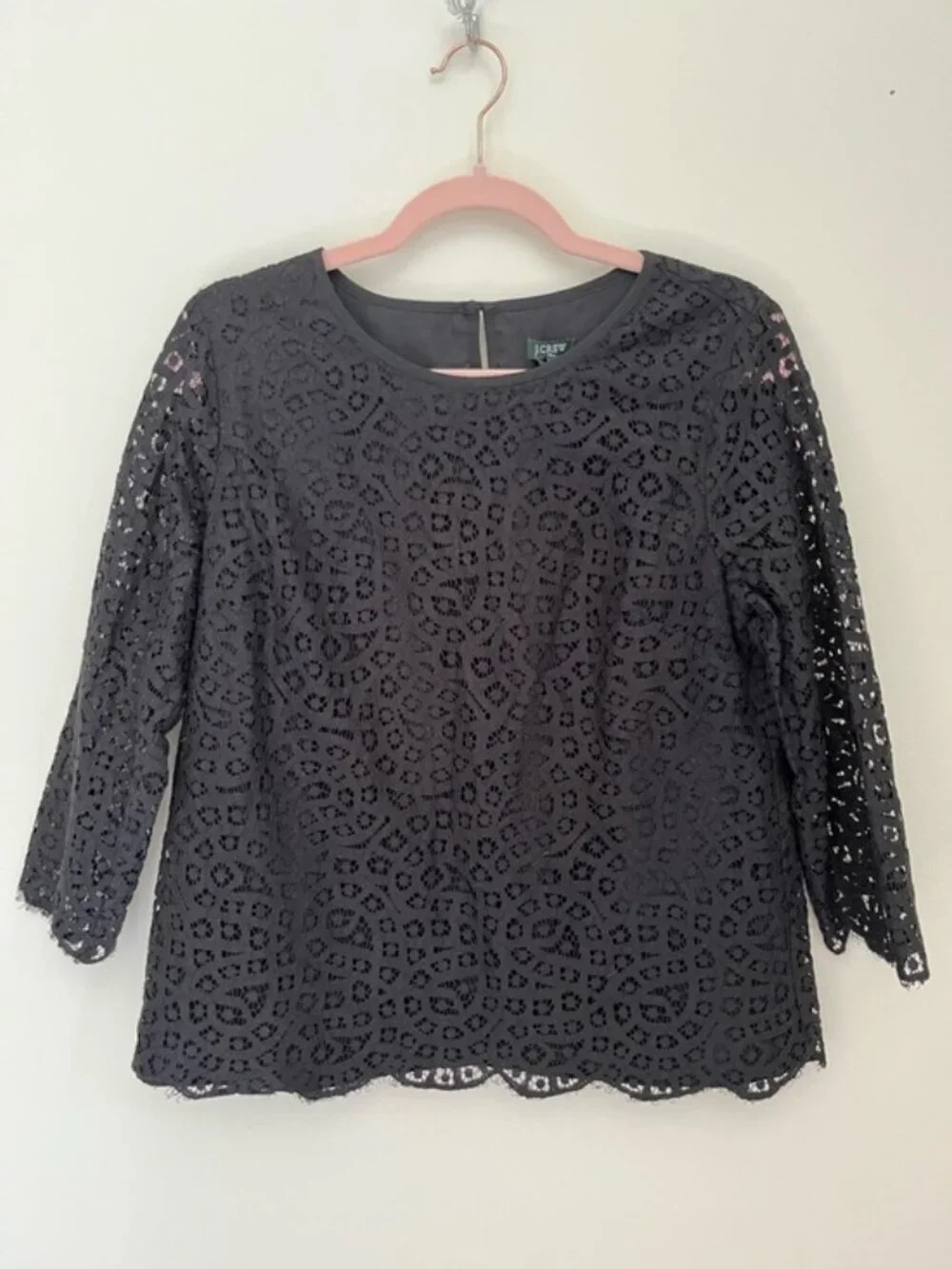 J.Crew Black Lace Blouse Size 12 | Scalloped Hem 3/4 Sleeve Dressy Top